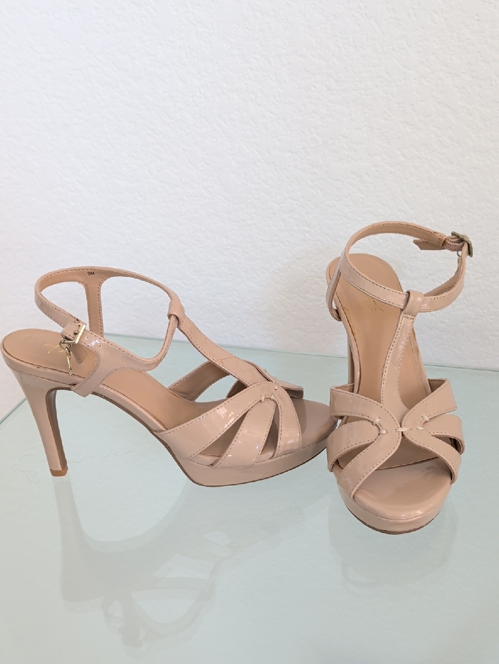 Thalis Sodi VELDA Nude Tan T-Strap Patent High Heels Open Toe Heel 8 Platform